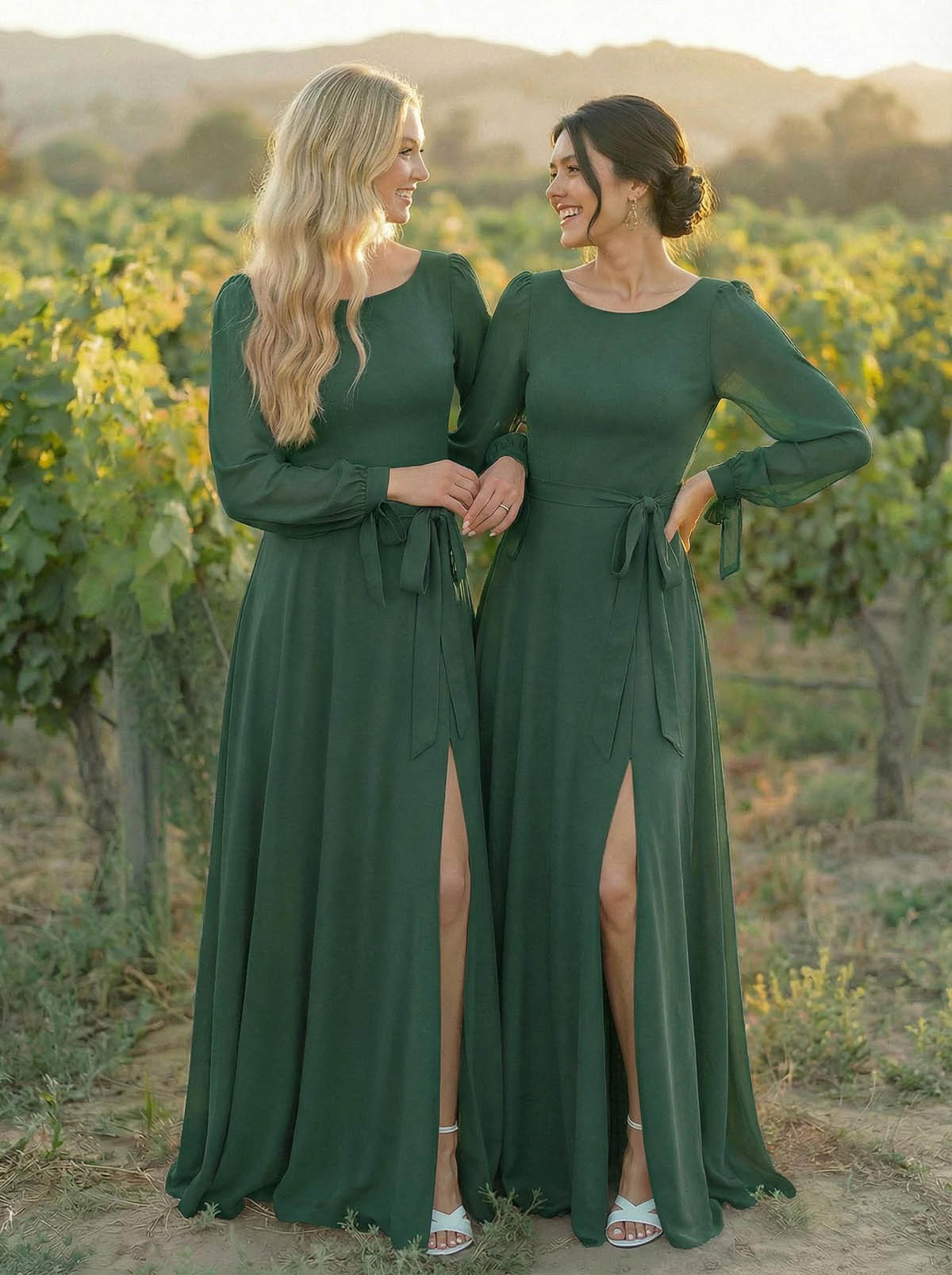 A-Line Scoop Neck Long Sleeves Floor-Length Chiffon Bridesmaid Dresses With Split Front Sash Bubble Hem, product image 30