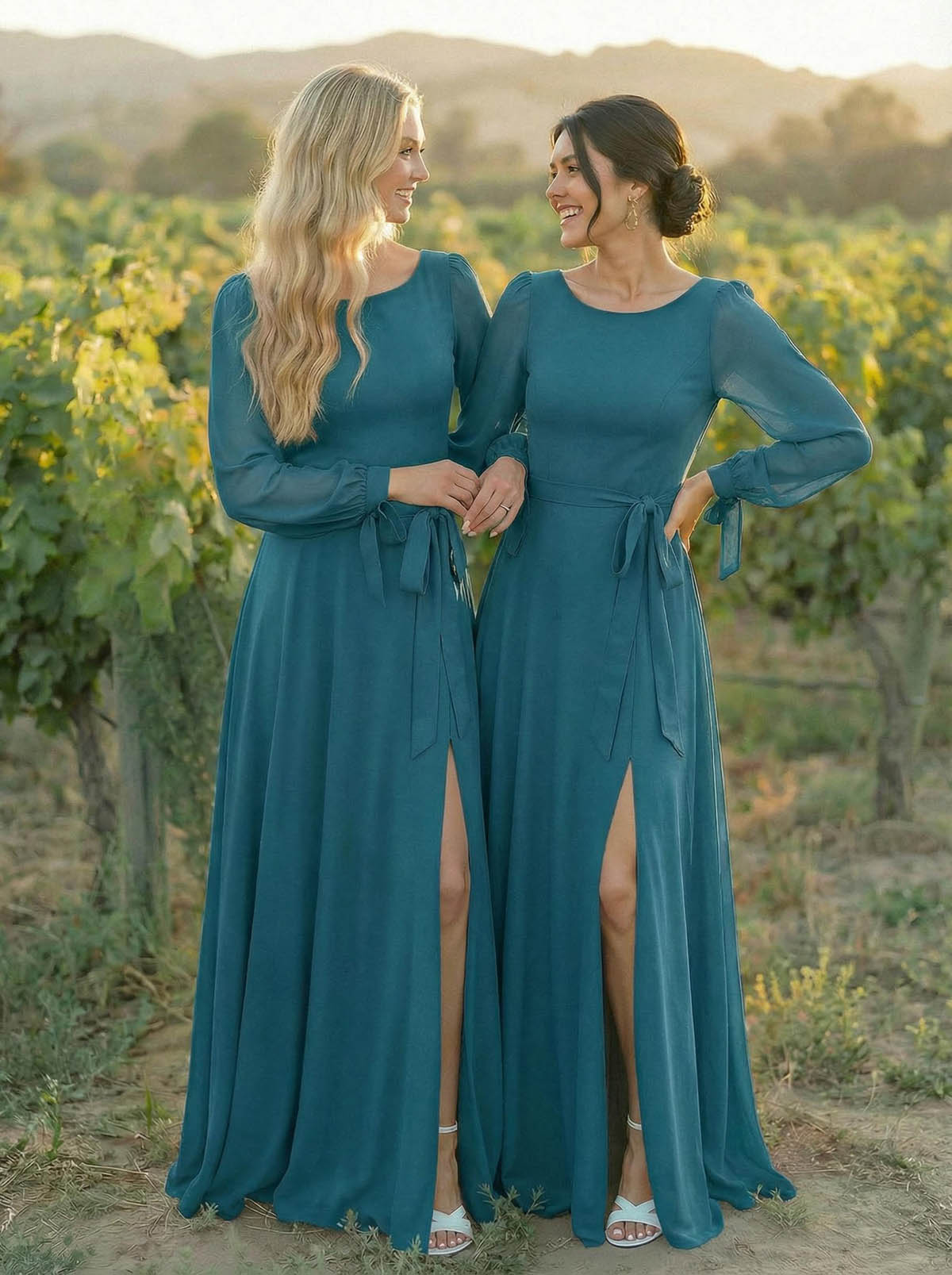 A-Line Scoop Neck Long Sleeves Floor-Length Chiffon Bridesmaid Dresses With Split Front Sash Bubble Hem, product image 10