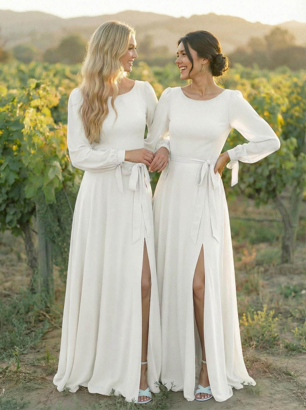A-Line Scoop Neck Long Sleeves Floor-Length Chiffon Bridesmaid Dresses With Split Front Sash Bubble Hem, product image 38