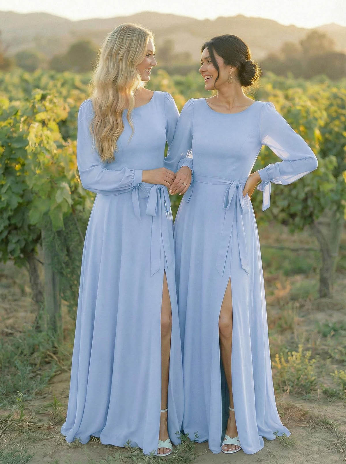 A-Line Scoop Neck Long Sleeves Floor-Length Chiffon Bridesmaid Dresses With Split Front Sash Bubble Hem, product image 21
