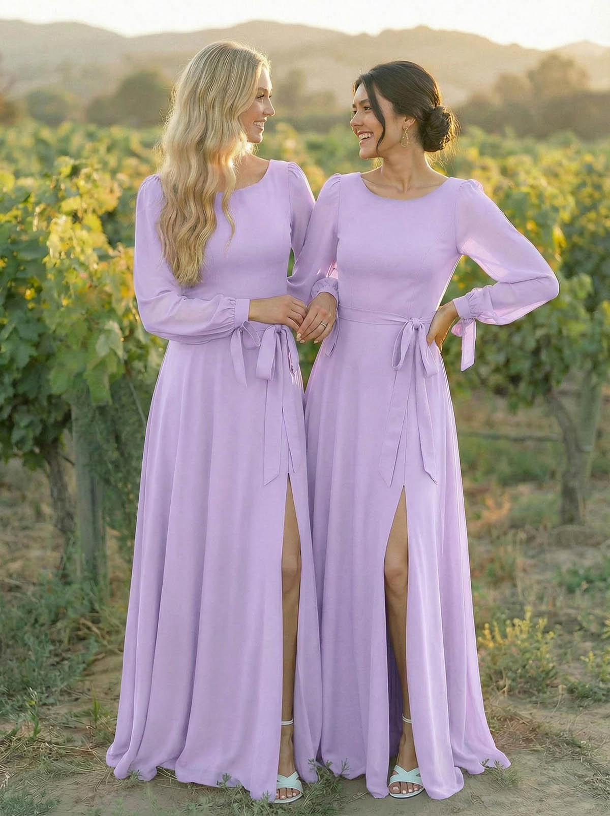 A-Line Scoop Neck Long Sleeves Floor-Length Chiffon Bridesmaid Dresses With Split Front Sash Bubble Hem, product image 20
