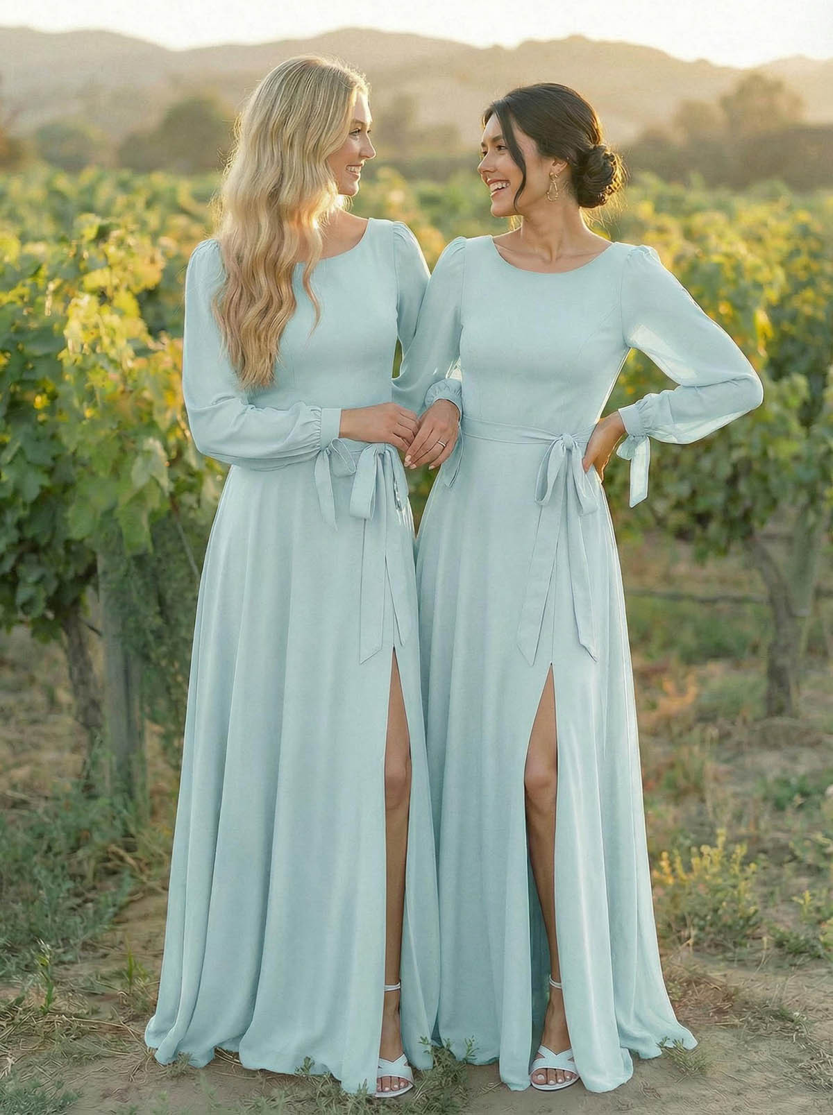 A-Line Scoop Neck Long Sleeves Floor-Length Chiffon Bridesmaid Dresses With Split Front Sash Bubble Hem, product image 14