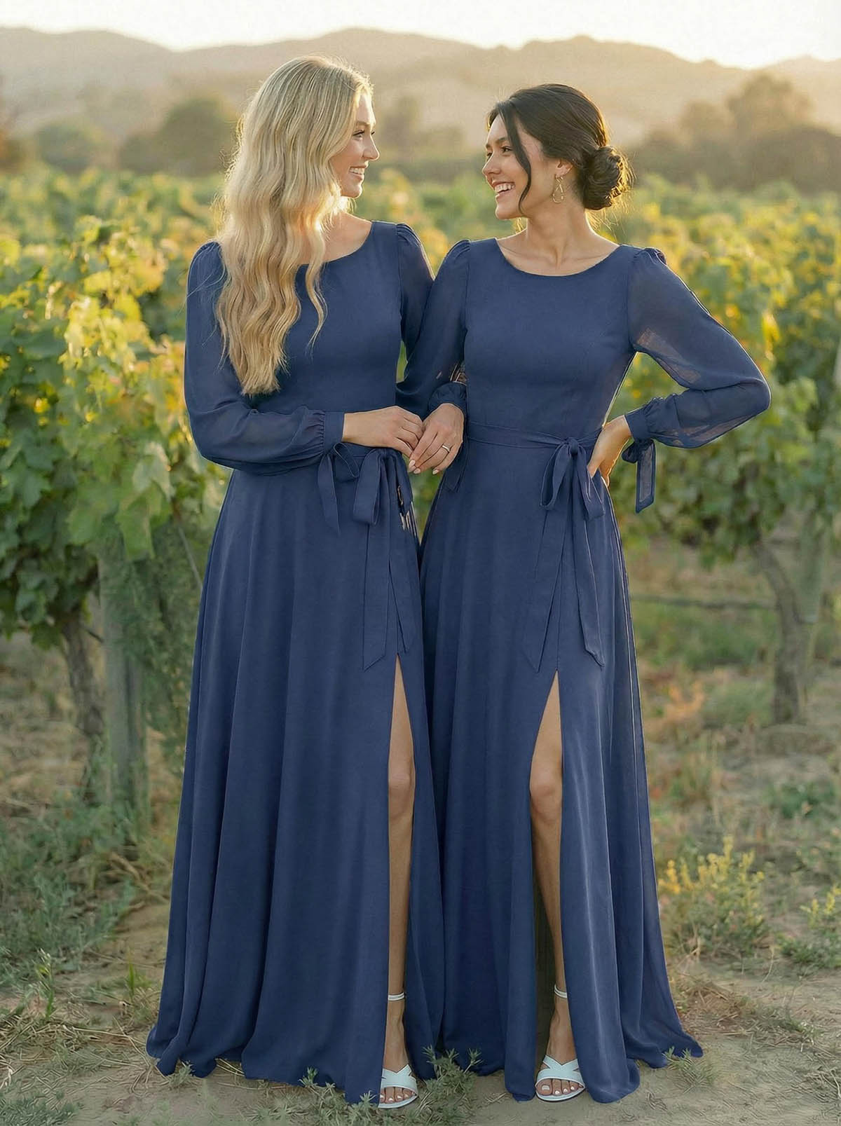 A-Line Scoop Neck Long Sleeves Floor-Length Chiffon Bridesmaid Dresses With Split Front Sash Bubble Hem, product image 6