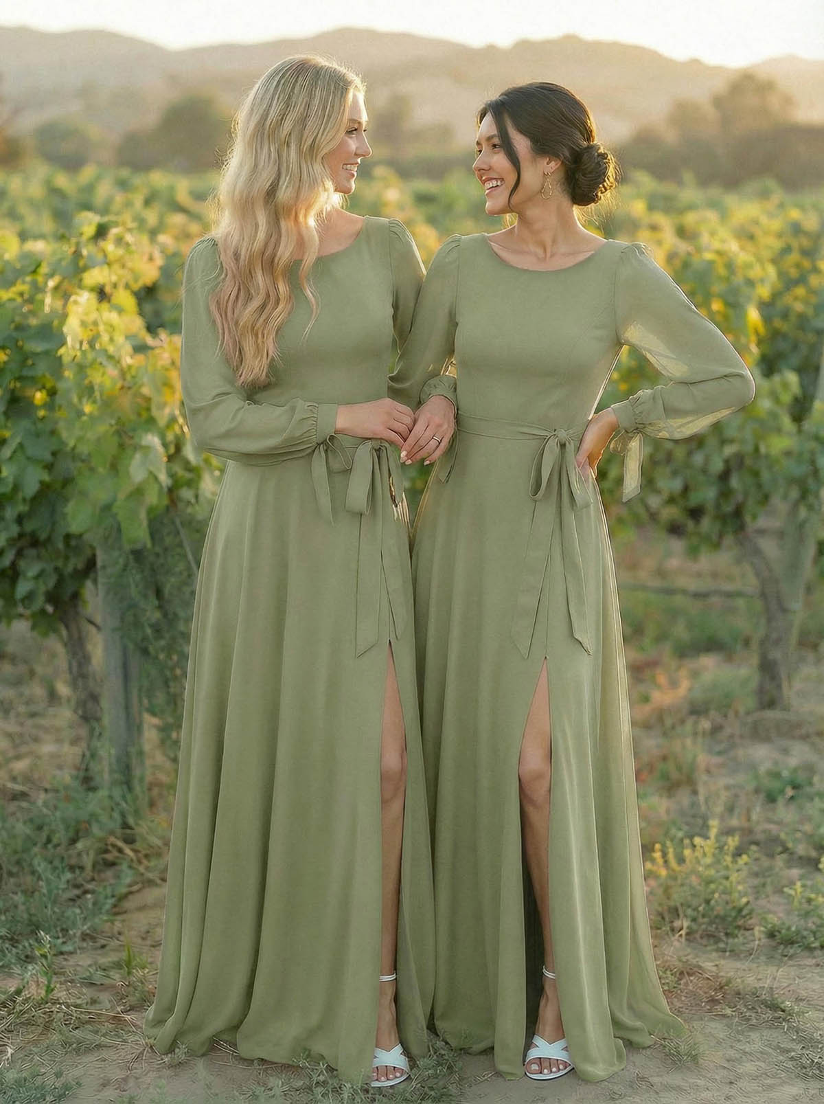 A-Line Scoop Neck Long Sleeves Floor-Length Chiffon Bridesmaid Dresses With Split Front Sash Bubble Hem, product image 42