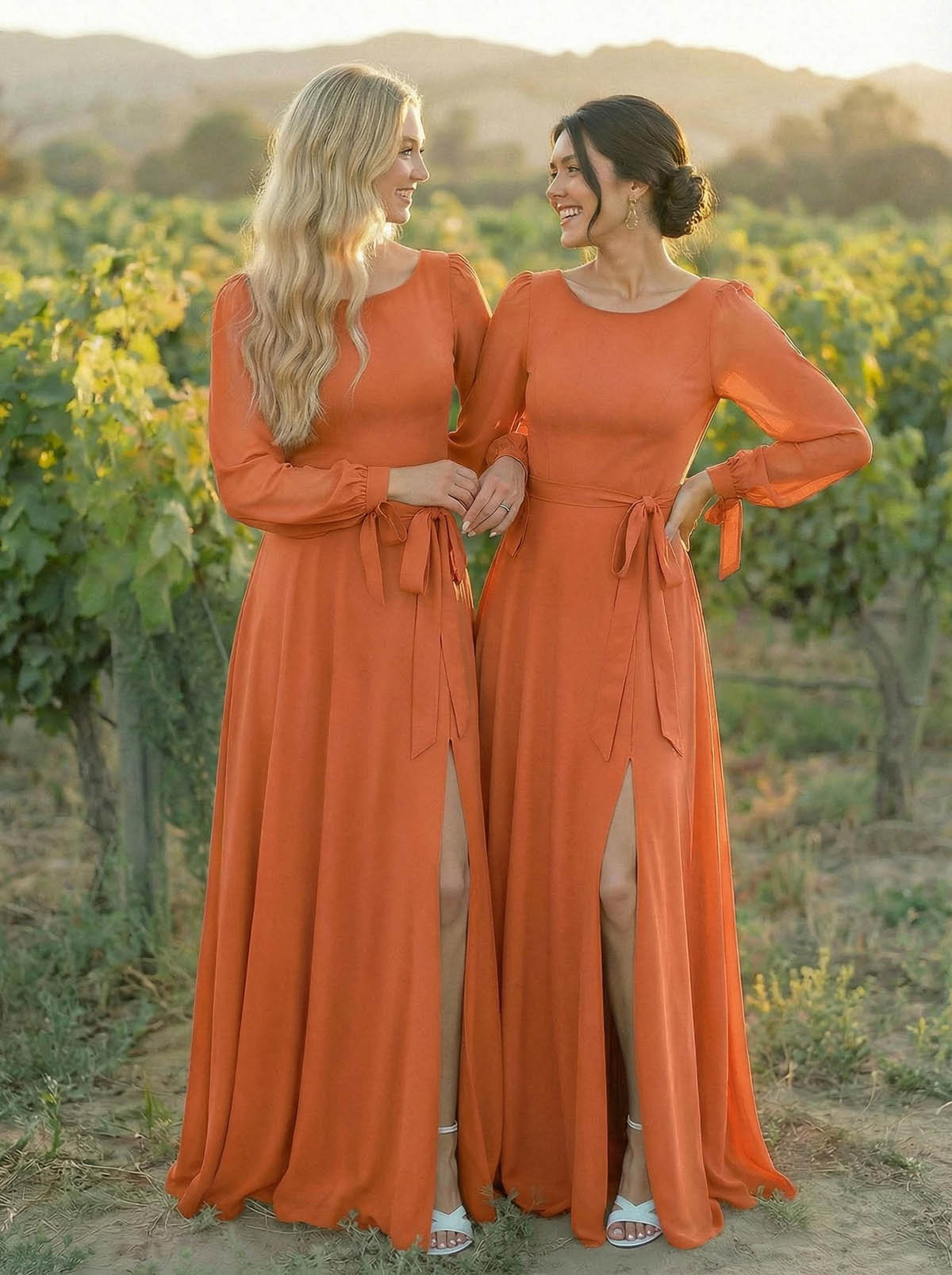 A-Line Scoop Neck Long Sleeves Floor-Length Chiffon Bridesmaid Dresses With Split Front Sash Bubble Hem, product image 36