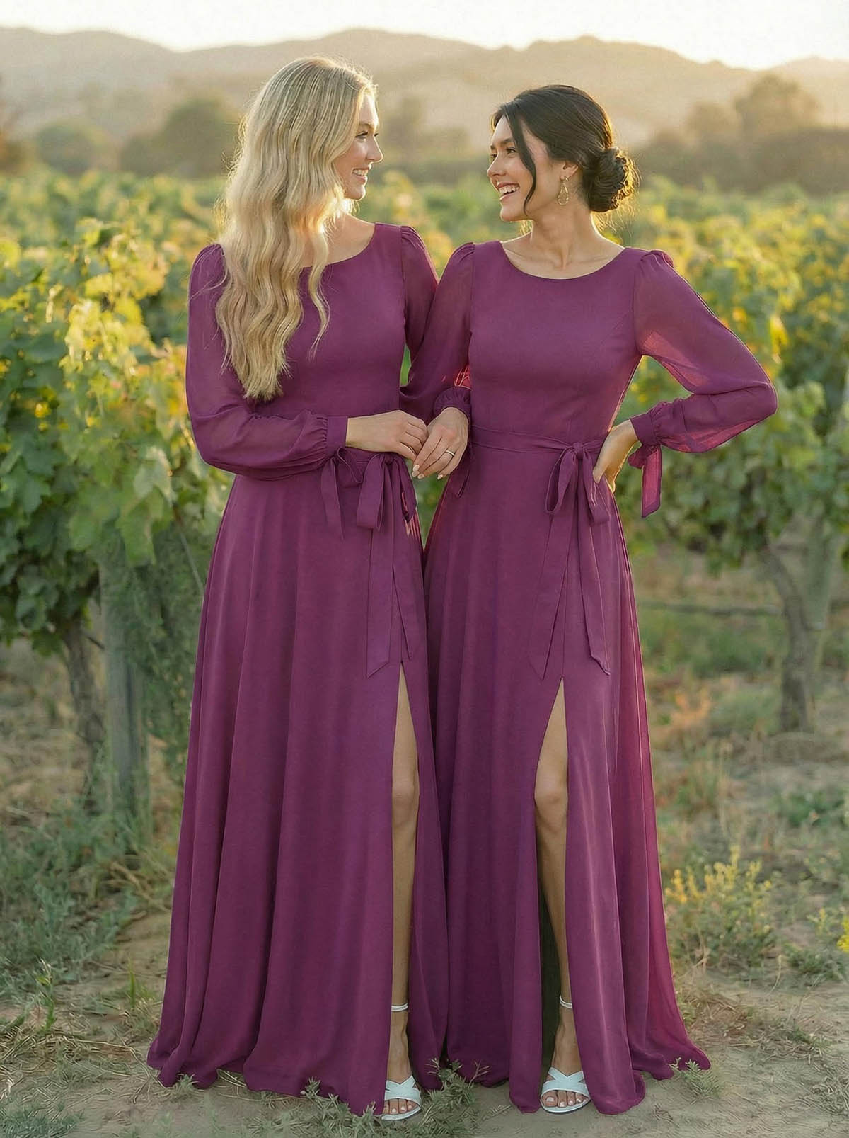 A-Line Scoop Neck Long Sleeves Floor-Length Chiffon Bridesmaid Dresses With Split Front Sash Bubble Hem, product image 25