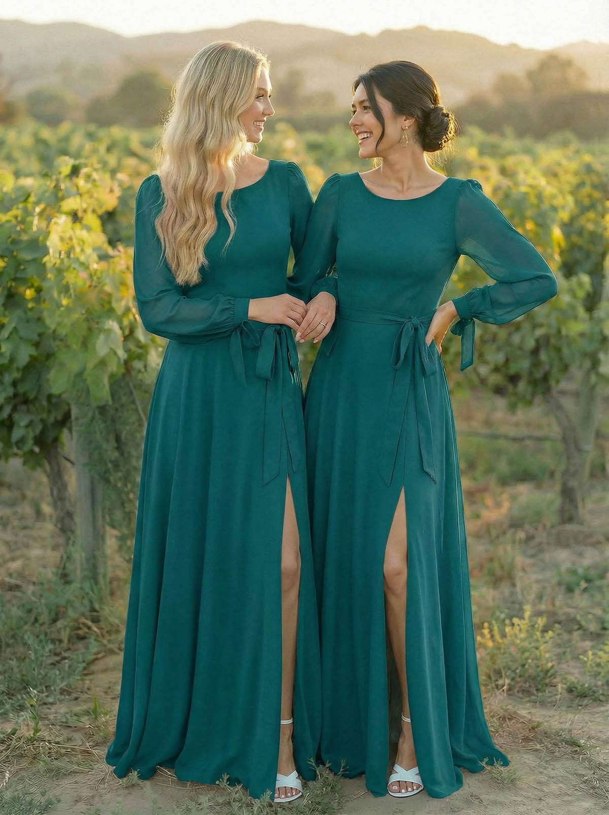 A-Line Scoop Neck Long Sleeves Floor-Length Chiffon Bridesmaid Dresses With Split Front Sash Bubble Hem, product image 31