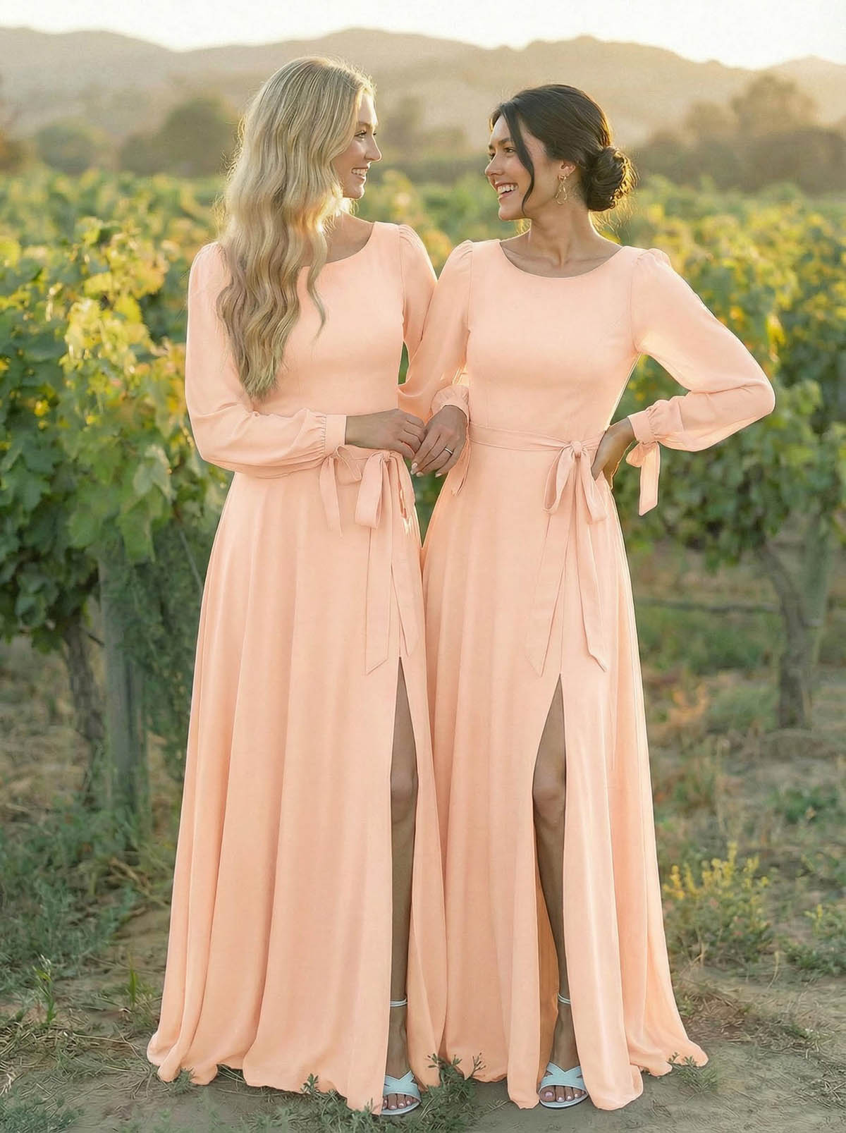 A-Line Scoop Neck Long Sleeves Floor-Length Chiffon Bridesmaid Dresses With Split Front Sash Bubble Hem, product image 17