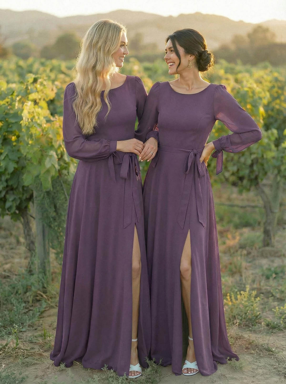 A-Line Scoop Neck Long Sleeves Floor-Length Chiffon Bridesmaid Dresses With Split Front Sash Bubble Hem, product image 23
