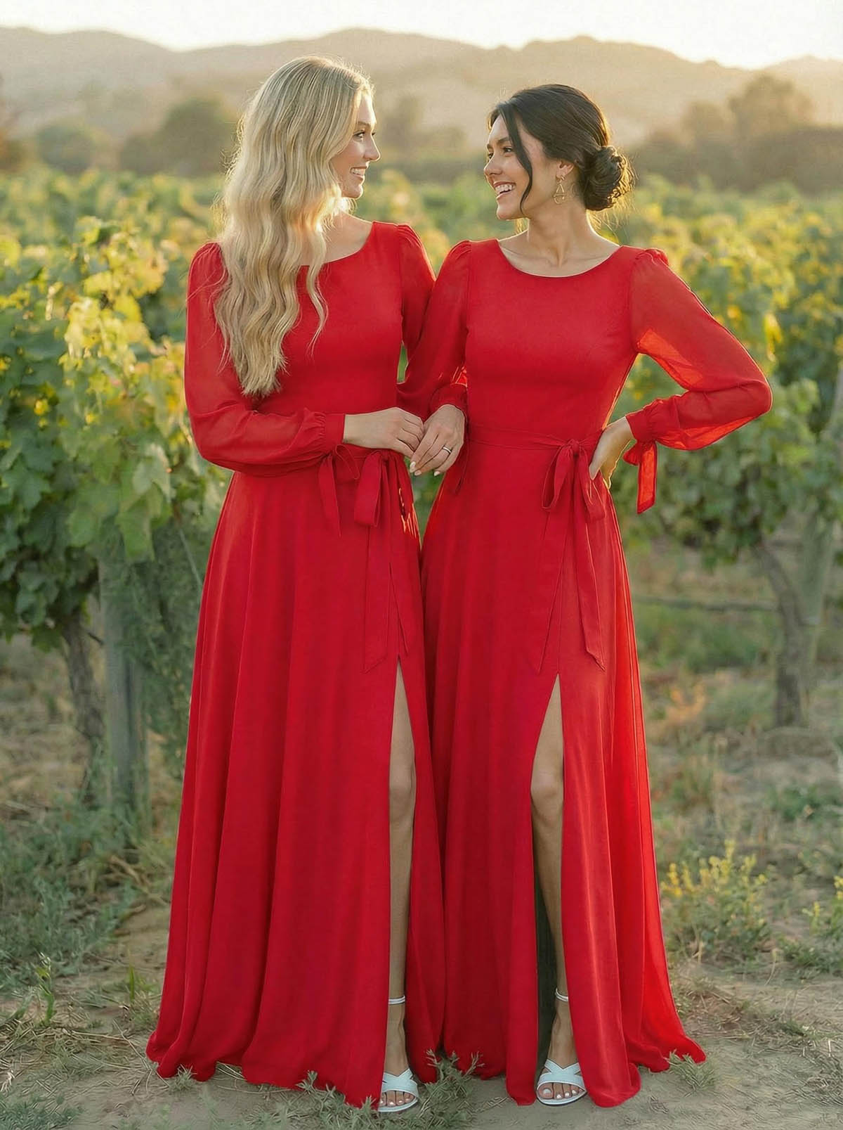 A-Line Scoop Neck Long Sleeves Floor-Length Chiffon Bridesmaid Dresses With Split Front Sash Bubble Hem, product image 15
