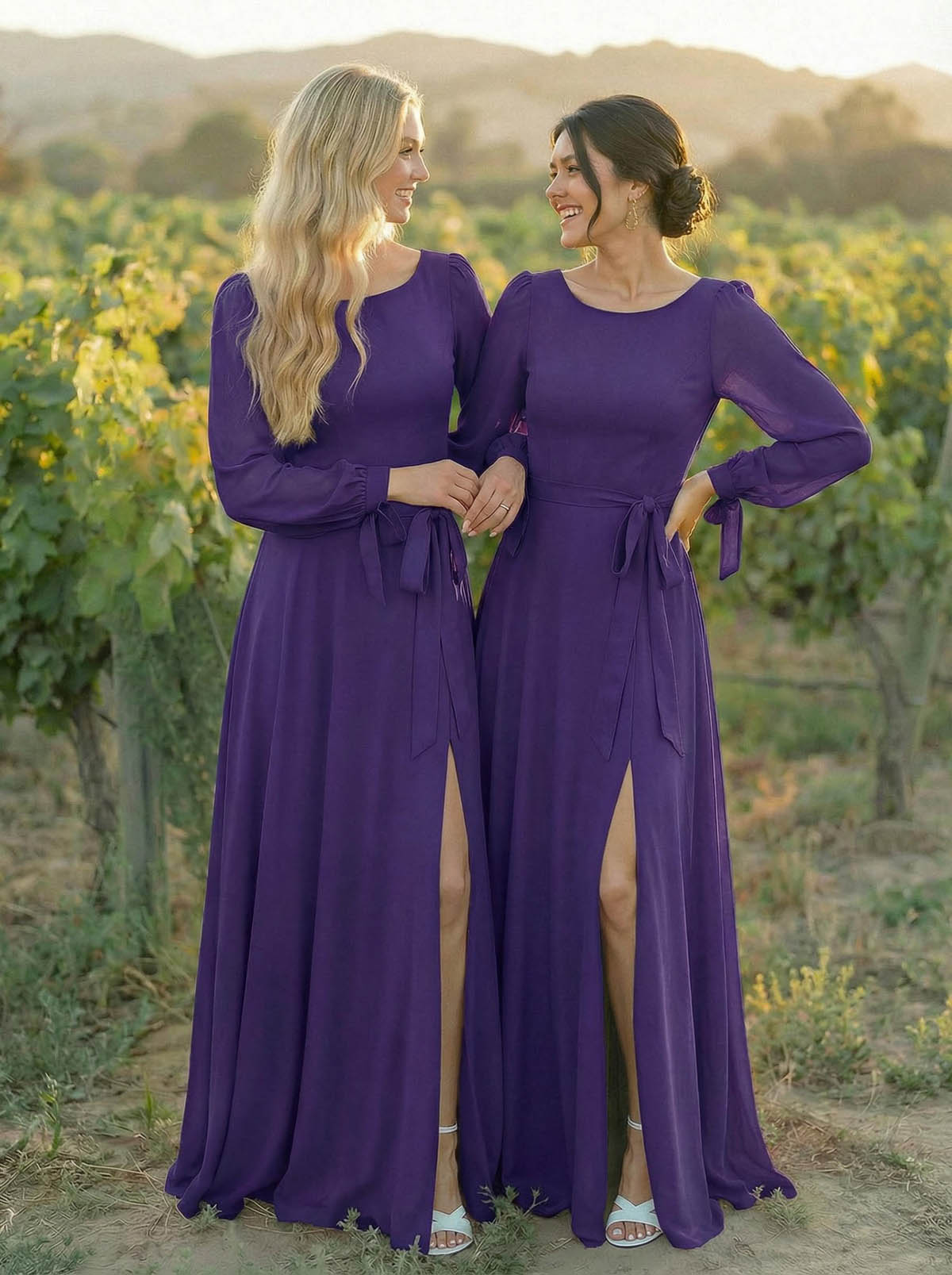 A-Line Scoop Neck Long Sleeves Floor-Length Chiffon Bridesmaid Dresses With Split Front Sash Bubble Hem, product image 28