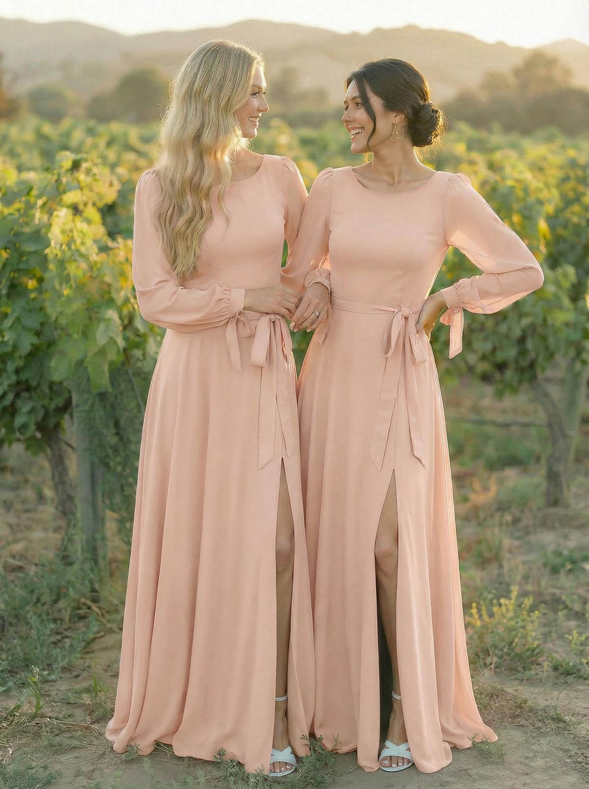 A-Line Scoop Neck Long Sleeves Floor-Length Chiffon Bridesmaid Dresses With Split Front Sash Bubble Hem, product image 44