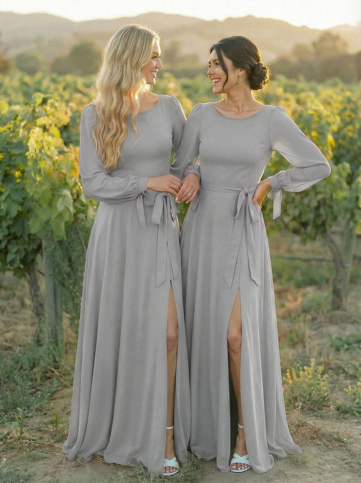 A-Line Scoop Neck Long Sleeves Floor-Length Chiffon Bridesmaid Dresses With Split Front Sash Bubble Hem, product image 40