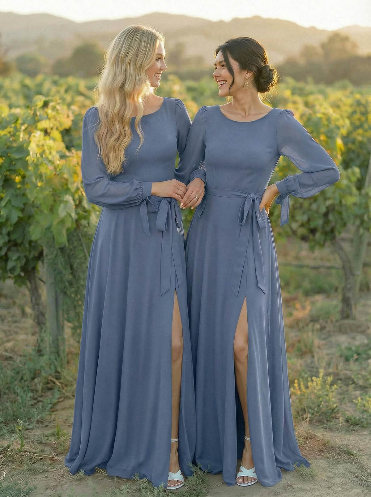 A-Line Scoop Neck Long Sleeves Floor-Length Chiffon Bridesmaid Dresses With Split Front Sash Bubble Hem, product image 8
