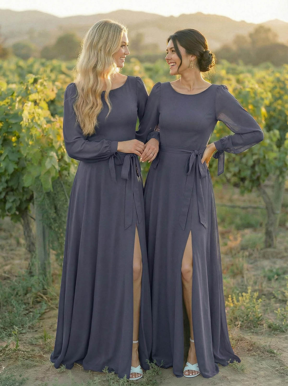 A-Line Scoop Neck Long Sleeves Floor-Length Chiffon Bridesmaid Dresses With Split Front Sash Bubble Hem, product image 9