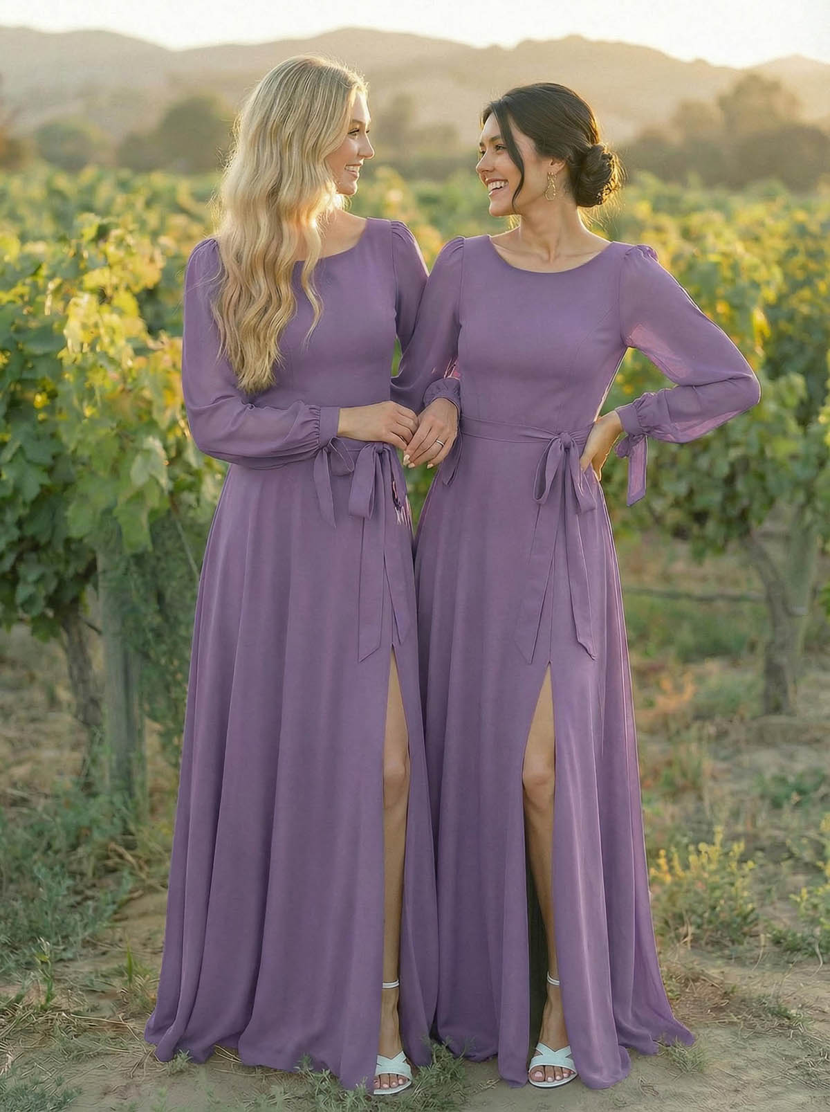 A-Line Scoop Neck Long Sleeves Floor-Length Chiffon Bridesmaid Dresses With Split Front Sash Bubble Hem, product image 22