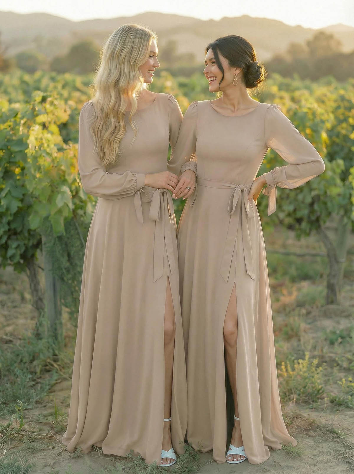 A-Line Scoop Neck Long Sleeves Floor-Length Chiffon Bridesmaid Dresses With Split Front Sash Bubble Hem, product image 34
