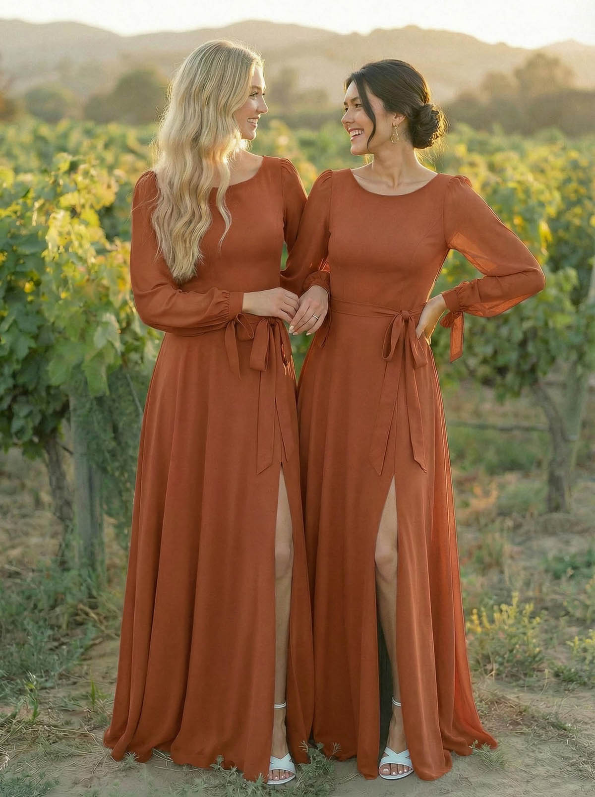 A-Line Scoop Neck Long Sleeves Floor-Length Chiffon Bridesmaid Dresses With Split Front Sash Bubble Hem, product image 46