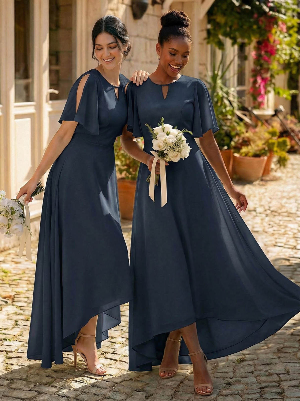 A-Line Scoop Neck Short Sleeves Asymmetrical Chiffon Bridesmaid Dresses With