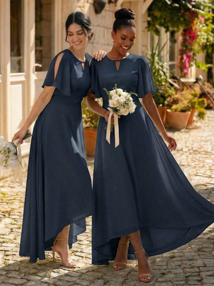 A-Line Scoop Neck Short Sleeves Asymmetrical Chiffon Bridesmaid Dresses With