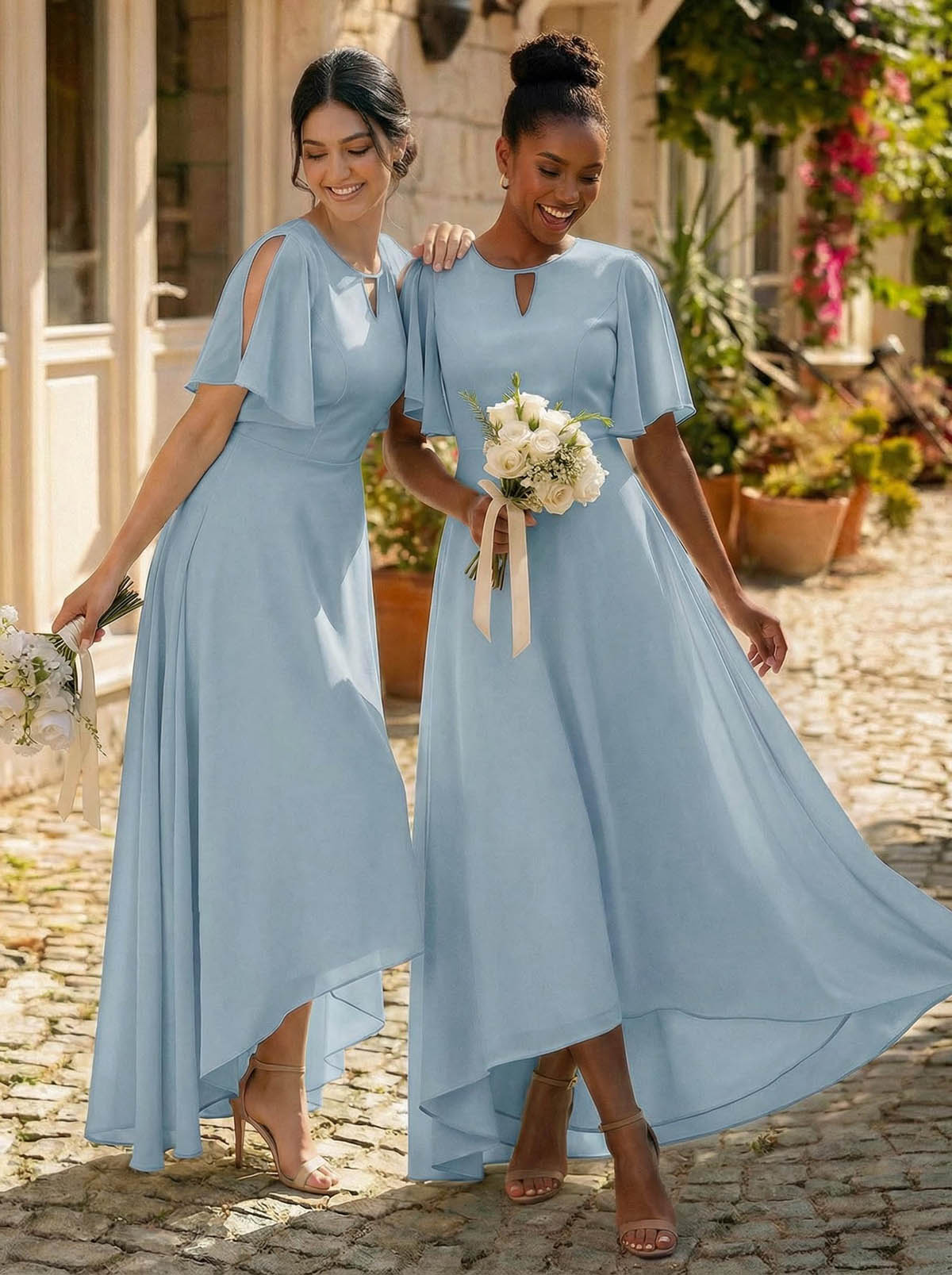 A-Line Scoop Neck Short Sleeves Asymmetrical Chiffon Bridesmaid Dresses With