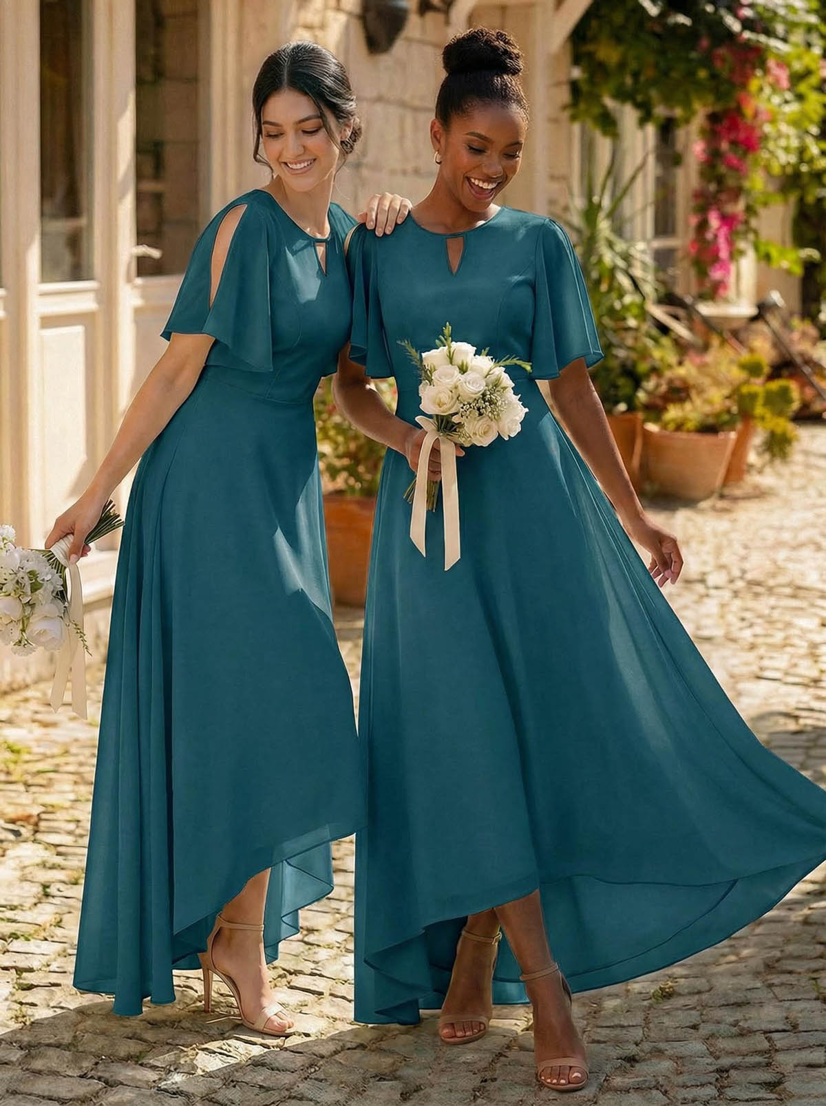 A-Line Scoop Neck Short Sleeves Asymmetrical Chiffon Bridesmaid Dresses With