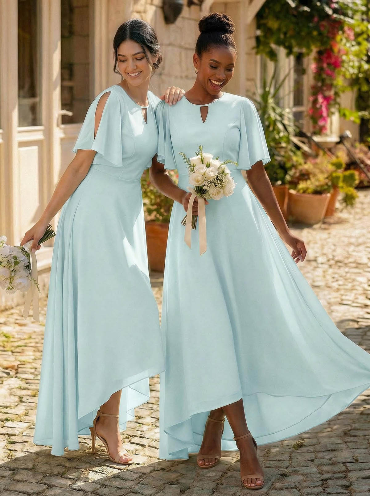 A-Line Scoop Neck Short Sleeves Asymmetrical Chiffon Bridesmaid Dresses With