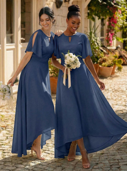 A-Line Scoop Neck Short Sleeves Asymmetrical Chiffon Bridesmaid Dresses With