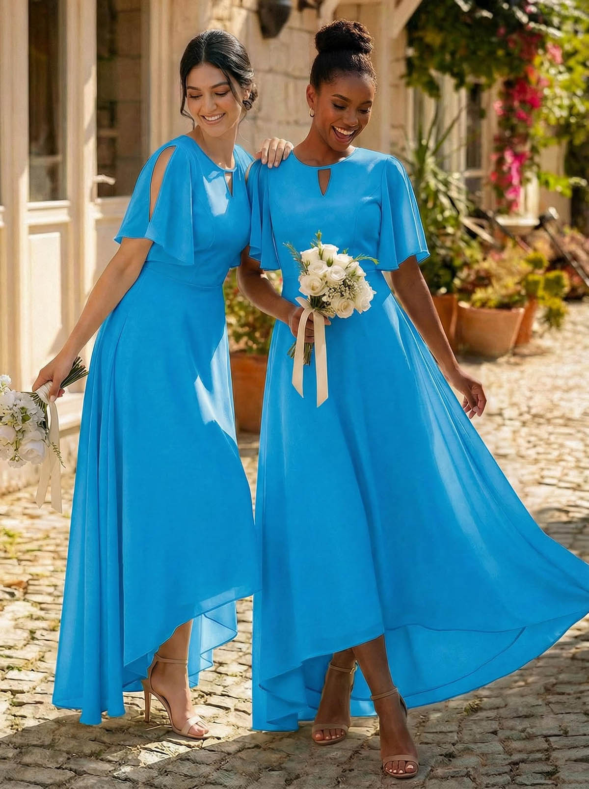 A-Line Scoop Neck Short Sleeves Asymmetrical Chiffon Bridesmaid Dresses With