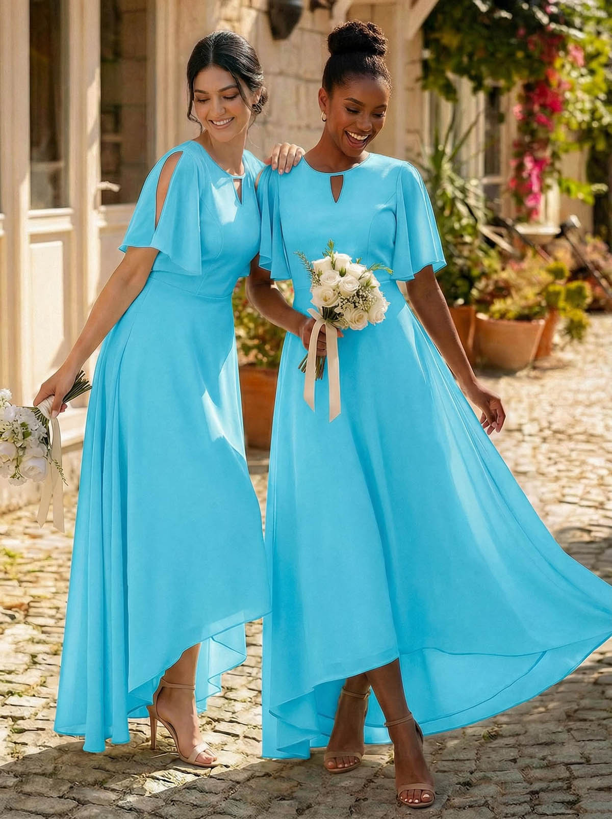 A-Line Scoop Neck Short Sleeves Asymmetrical Chiffon Bridesmaid Dresses With