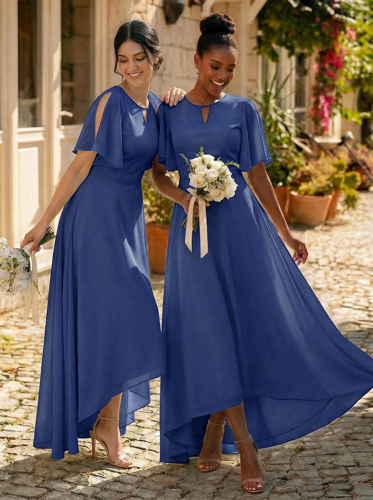 A-Line Scoop Neck Short Sleeves Asymmetrical Chiffon Bridesmaid Dresses With