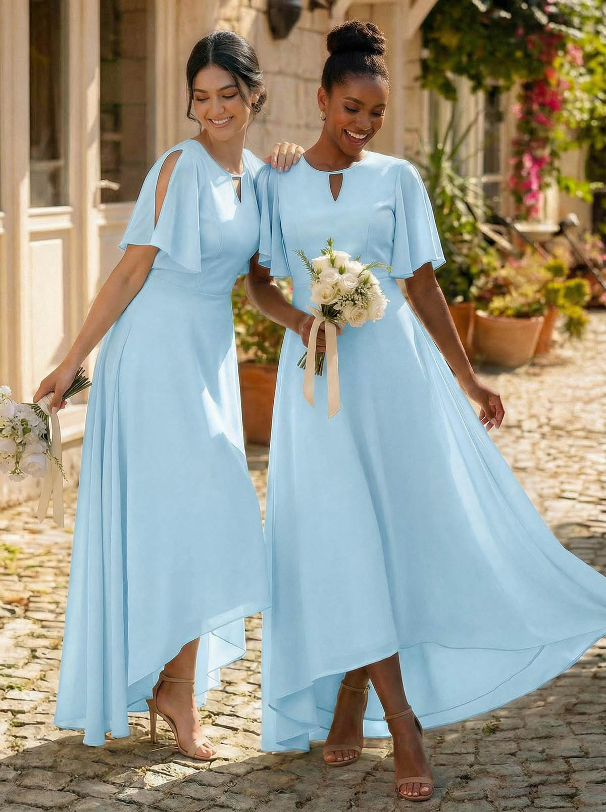 A-Line Scoop Neck Short Sleeves Asymmetrical Chiffon Bridesmaid Dresses With