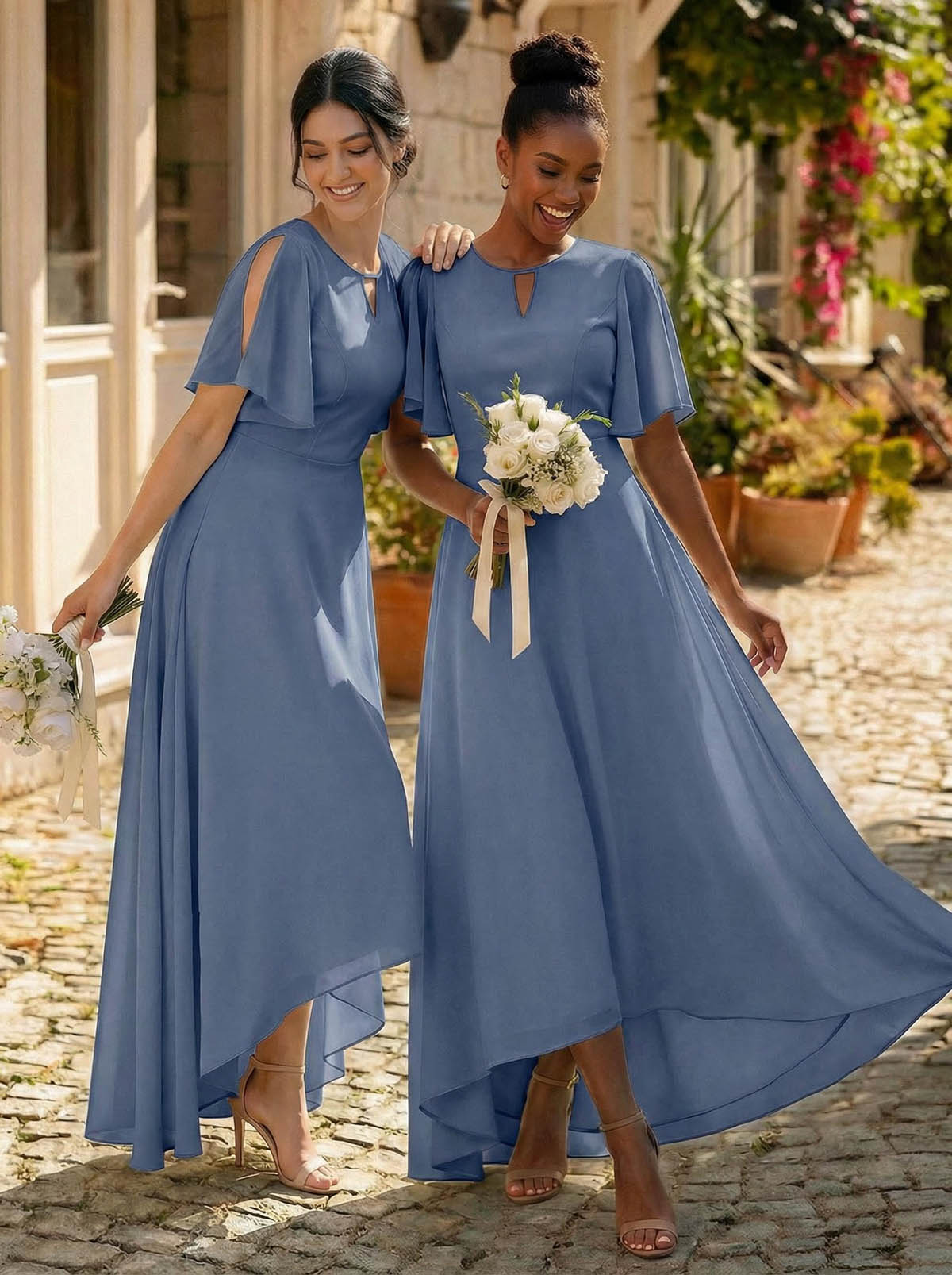 A-Line Scoop Neck Short Sleeves Asymmetrical Chiffon Bridesmaid Dresses With