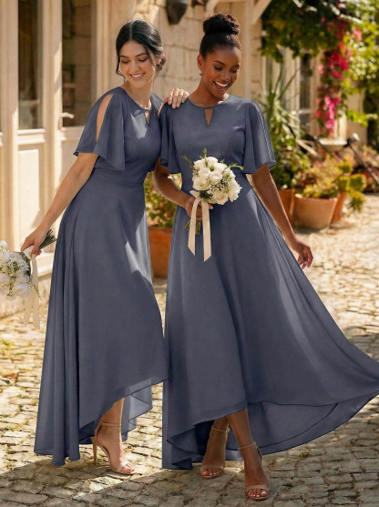 A-Line Scoop Neck Short Sleeves Asymmetrical Chiffon Bridesmaid Dresses With
