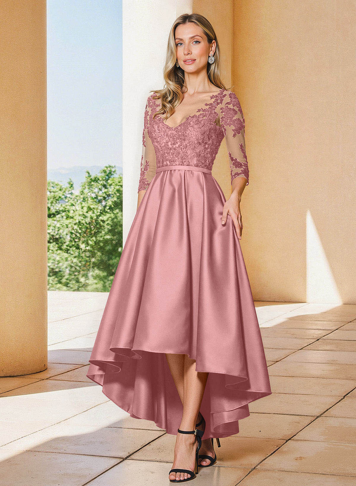 A-Line V-Neck 3/4 Sleeves Asymmetrical Lace Mother Of The Bride Dresses