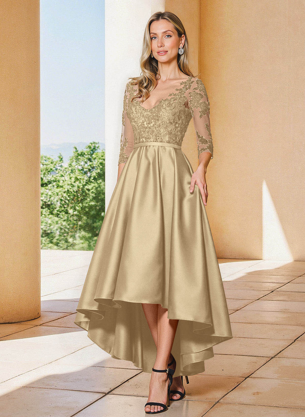 A-Line V-Neck 3/4 Sleeves Asymmetrical Lace Mother Of The Bride Dresses