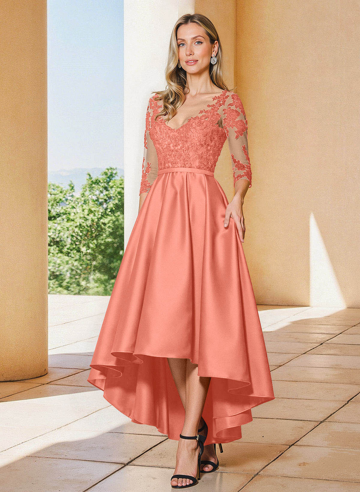 A-Line V-Neck 3/4 Sleeves Asymmetrical Lace Mother Of The Bride Dresses