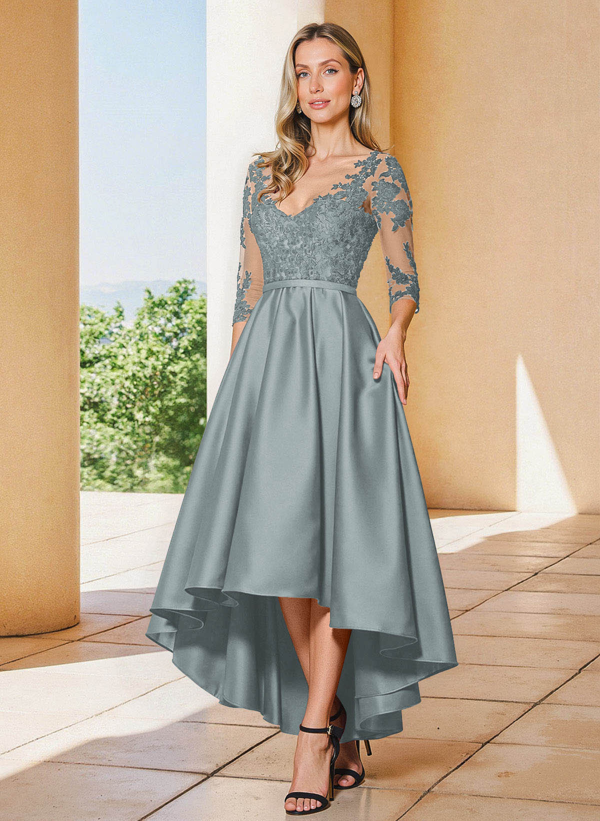 A-Line V-Neck 3/4 Sleeves Asymmetrical Lace Mother Of The Bride Dresses