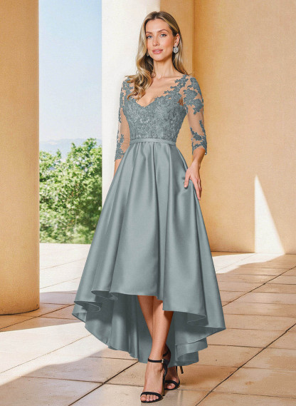 A-Line V-Neck 3/4 Sleeves Asymmetrical Lace Mother Of The Bride Dresses