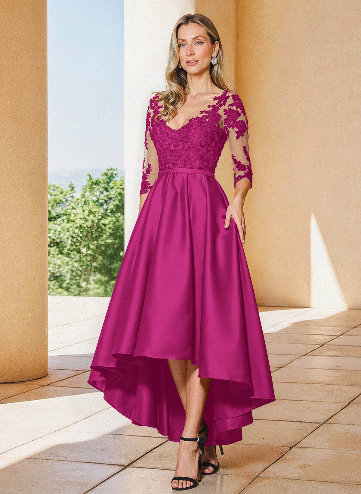 A-Line V-Neck 3/4 Sleeves Asymmetrical Lace Mother Of The Bride Dresses
