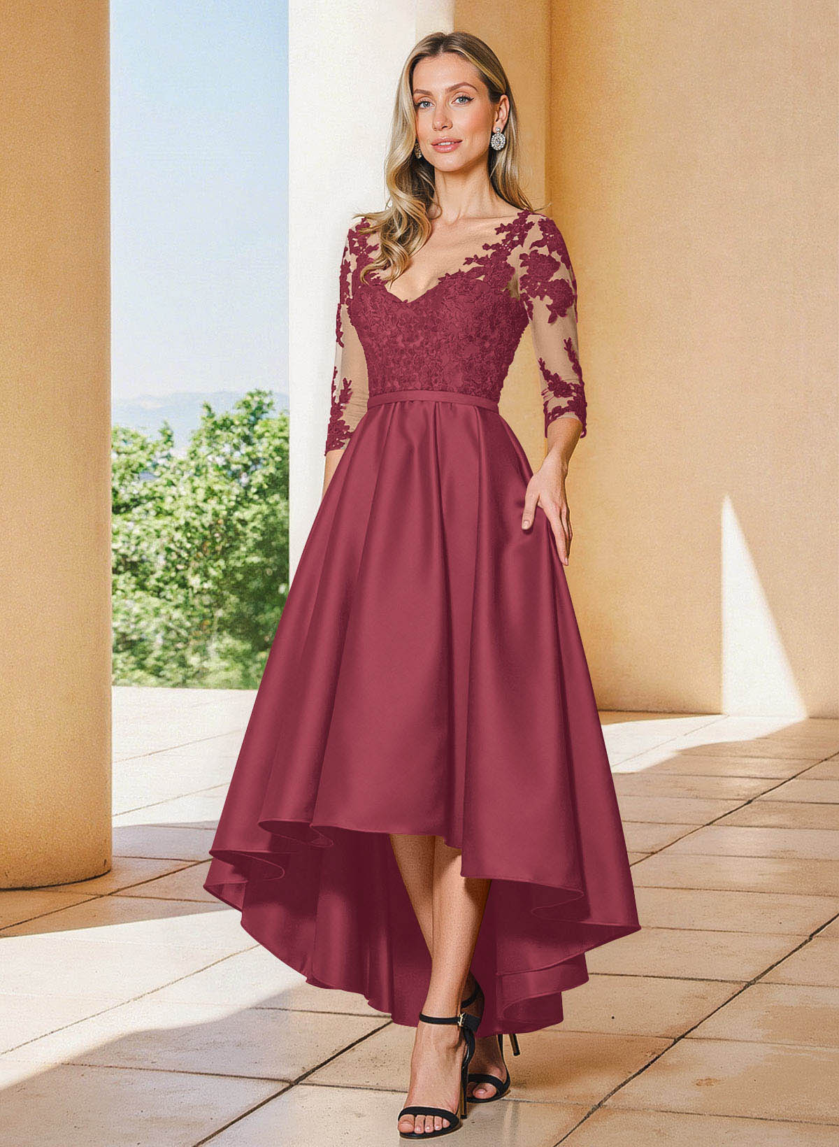 A-Line V-Neck 3/4 Sleeves Asymmetrical Lace Mother Of The Bride Dresses