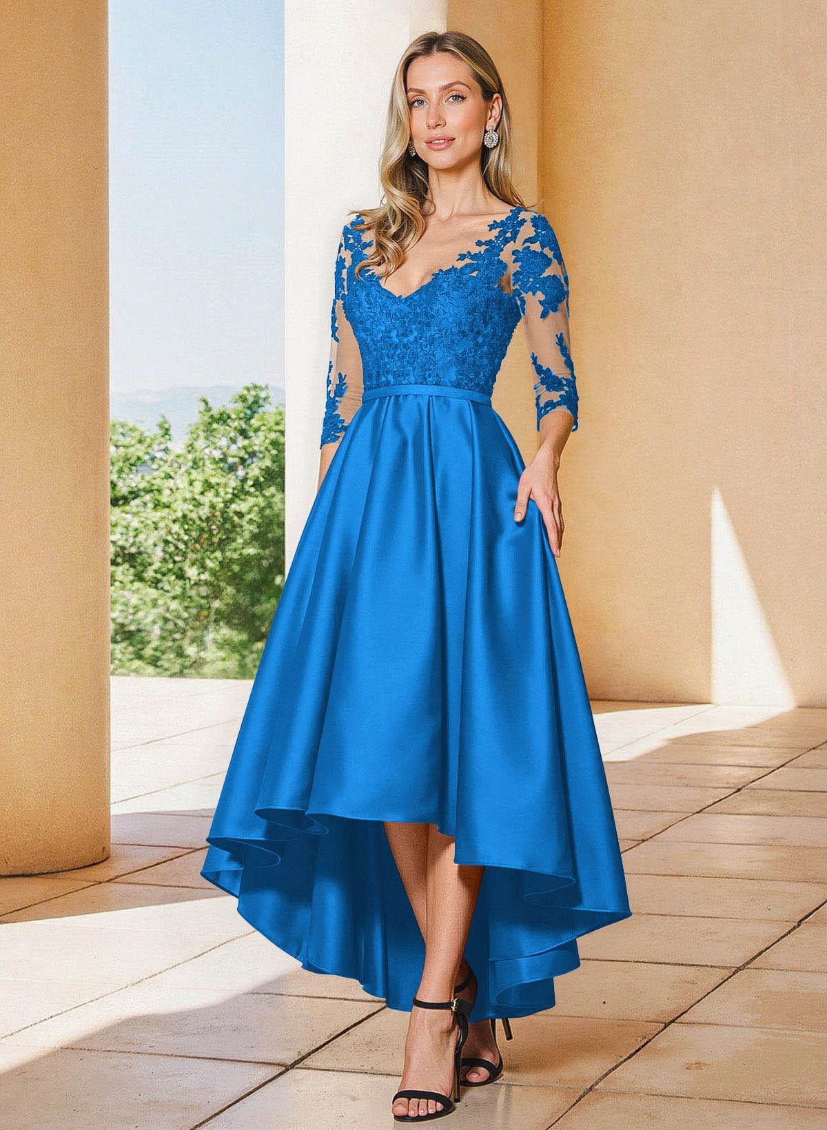 A-Line V-Neck 3/4 Sleeves Asymmetrical Lace Mother Of The Bride Dresses