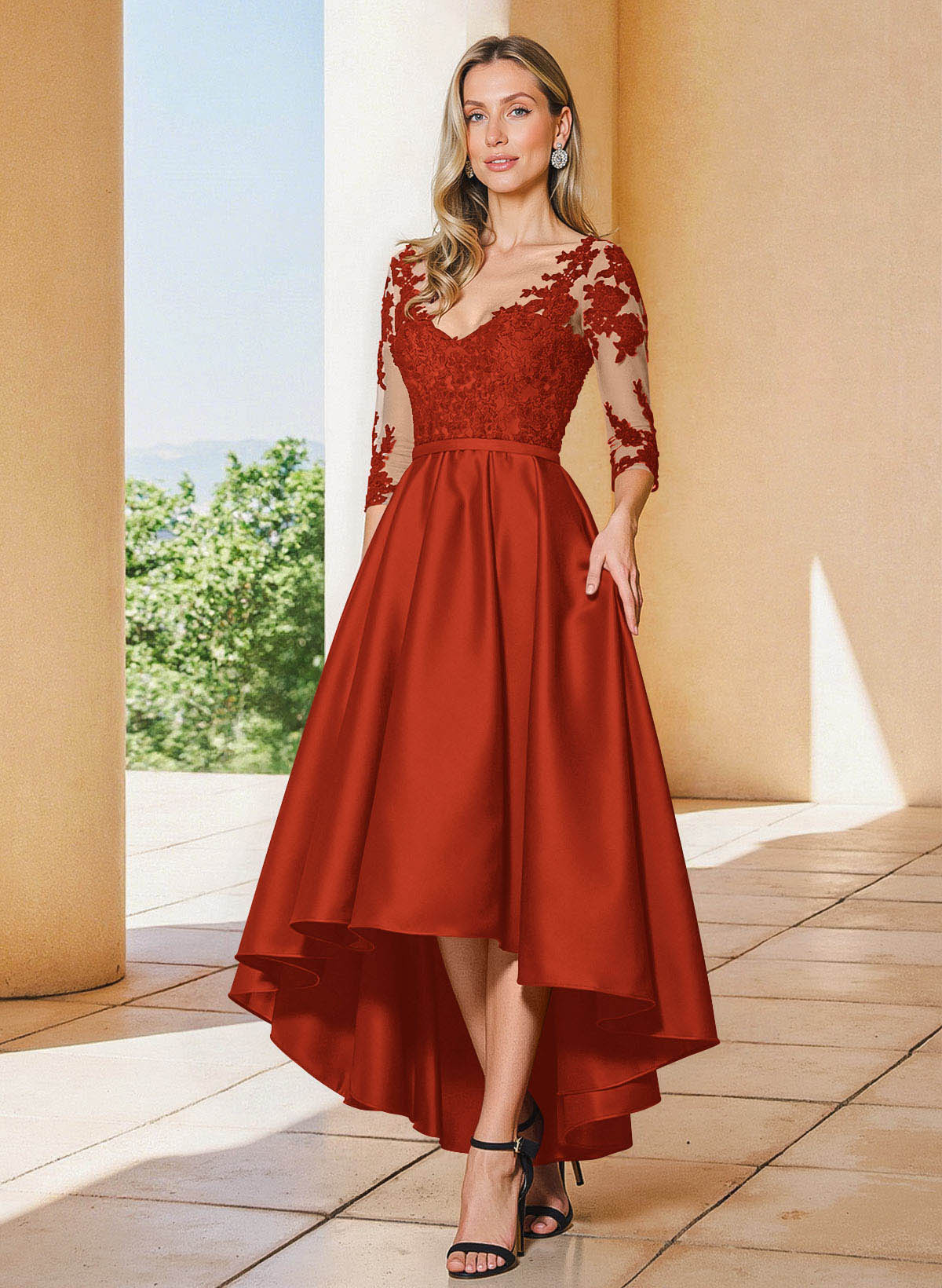 A-Line V-Neck 3/4 Sleeves Asymmetrical Lace Mother Of The Bride Dresses