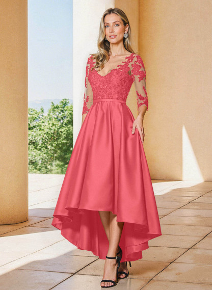 A-Line V-Neck 3/4 Sleeves Asymmetrical Lace Mother Of The Bride Dresses