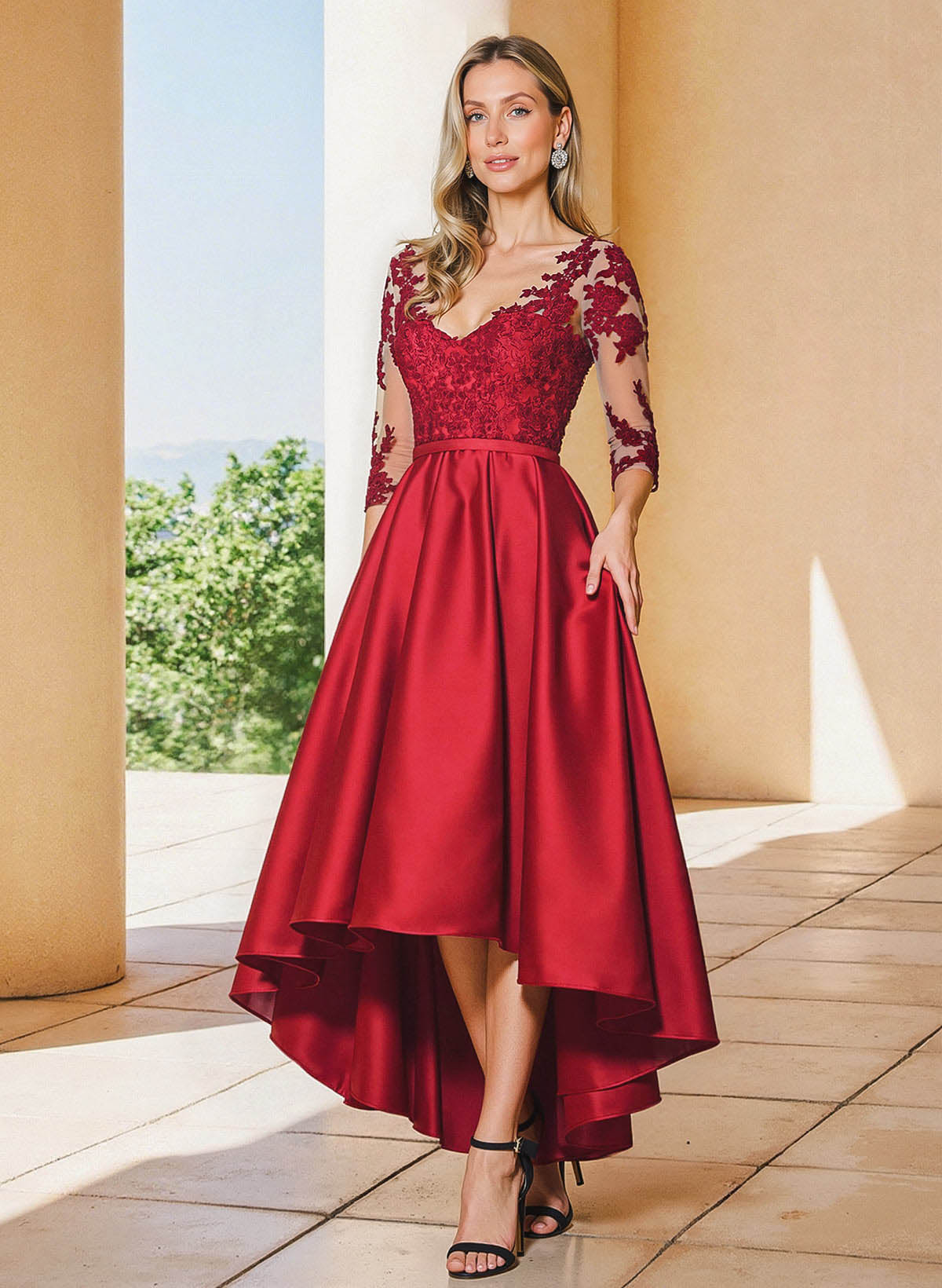 A-Line V-Neck 3/4 Sleeves Asymmetrical Lace Mother Of The Bride Dresses