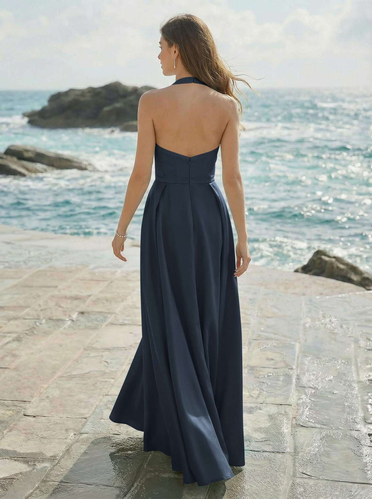 A-Line Halter Sleeveless Floor-Length Satin Bridesmaid Dresses