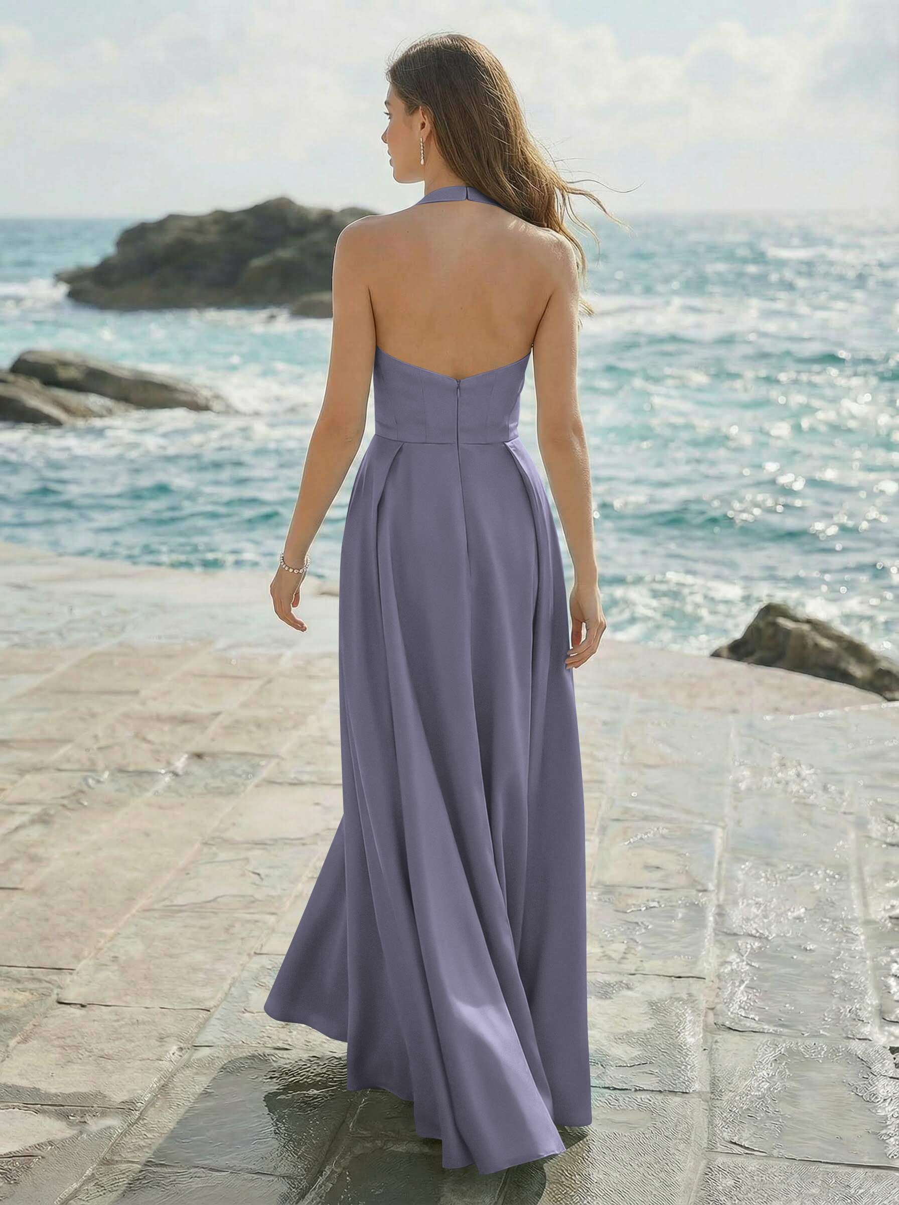 A-Line Halter Sleeveless Floor-Length Satin Bridesmaid Dresses