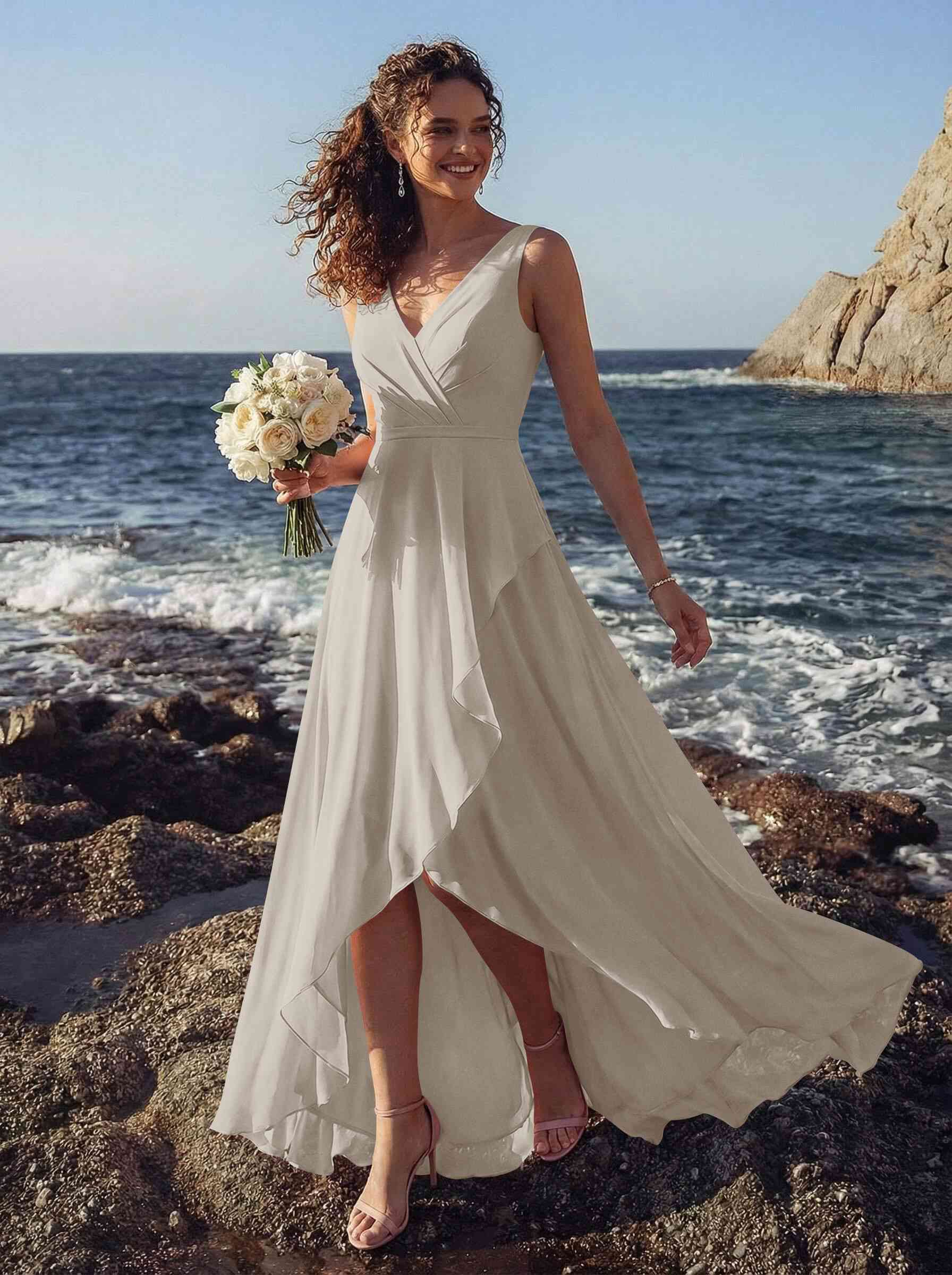 A-Line V-Neck Sleeveless Regular Straps Chiffon Asymmetrical Bridesmaid Dresses With Ruffle, product image 121