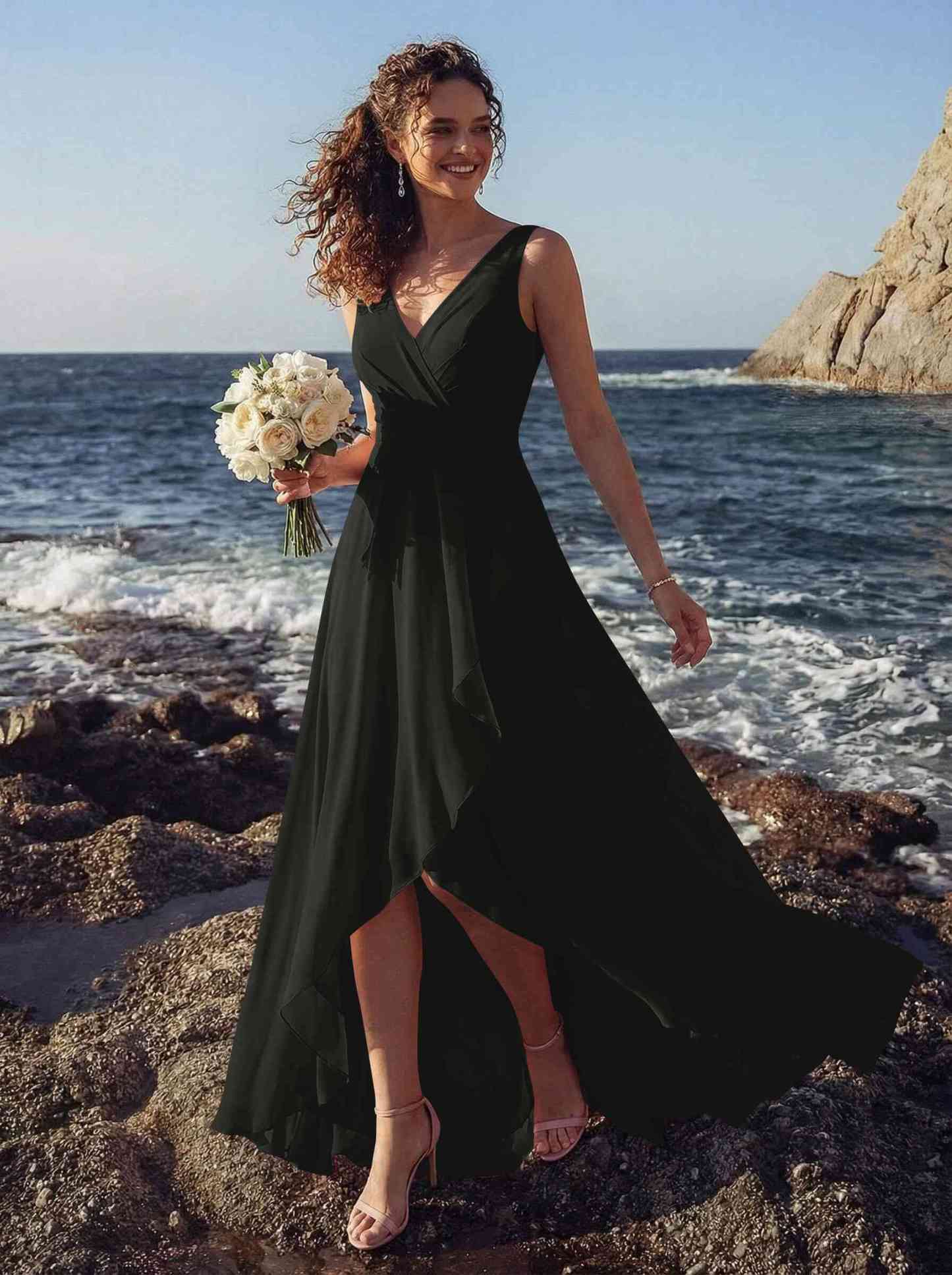 A-Line V-Neck Sleeveless Regular Straps Chiffon Asymmetrical Bridesmaid Dresses With Ruffle, product image 117