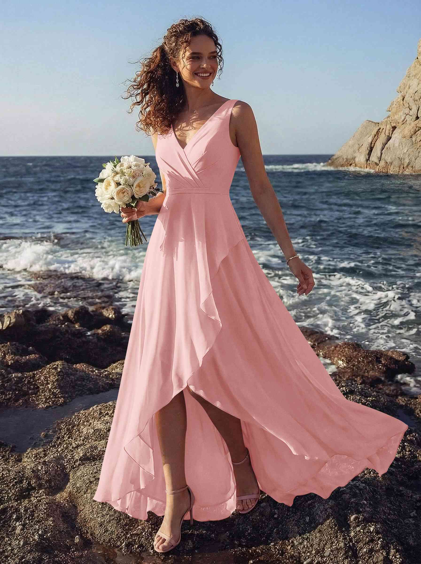 A-Line V-Neck Sleeveless Regular Straps Chiffon Asymmetrical Bridesmaid Dresses With Ruffle, product image 43